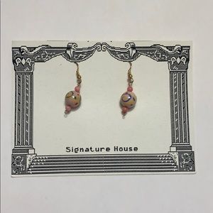 Dangle earrings with pink hand painted beads